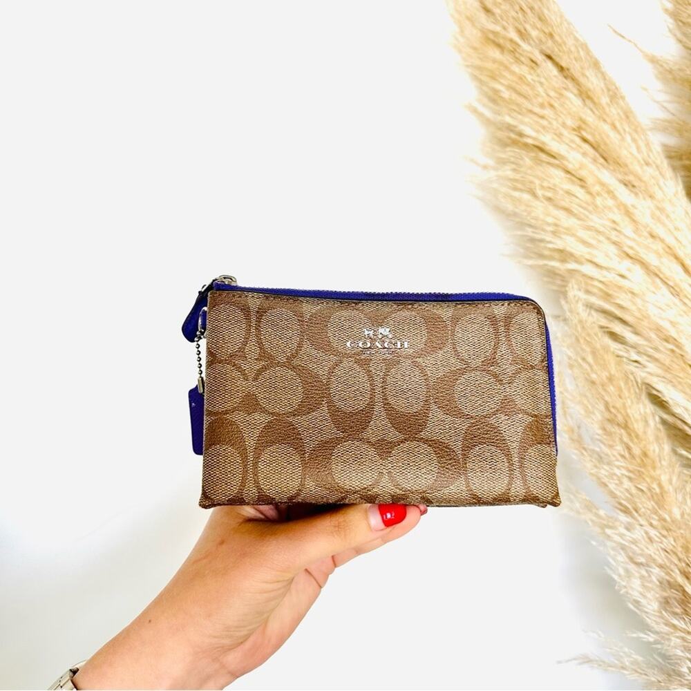 COACH Brown Tan Emblem Logo Purple Zipper Card Holder Wristlet Bag Purse Wallet